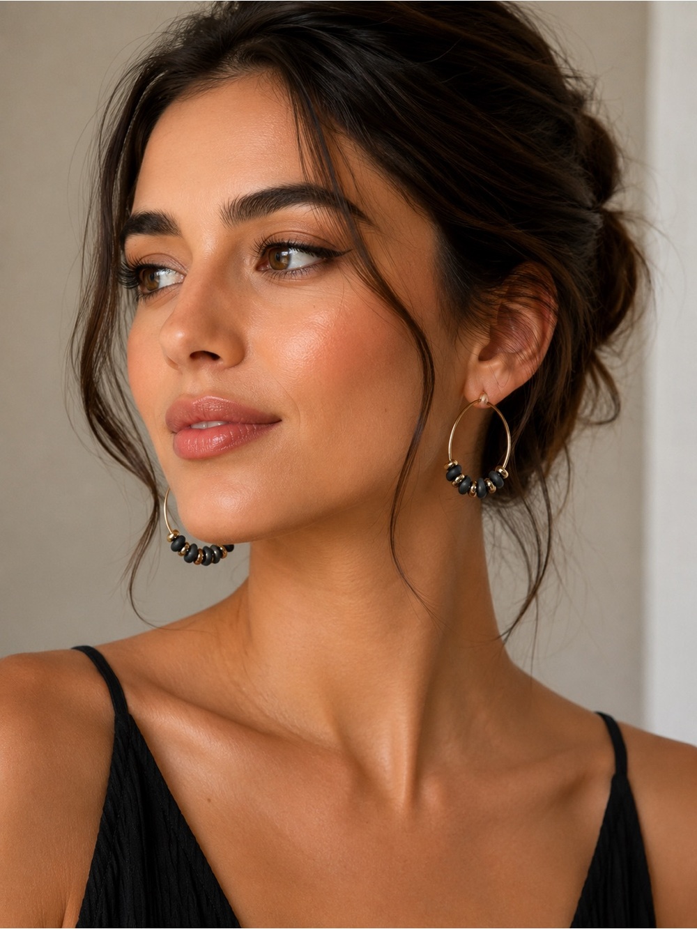 Gold Hoop Earrings with Dark Green Beads - Women Jewelry